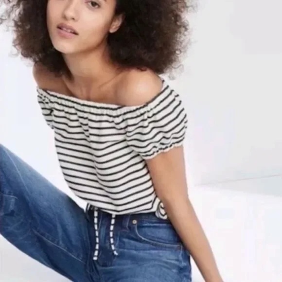 Madewell Women's medium Striped Melody off The Shoulder Top Tie Blue Cotton - Picture 2 of 8